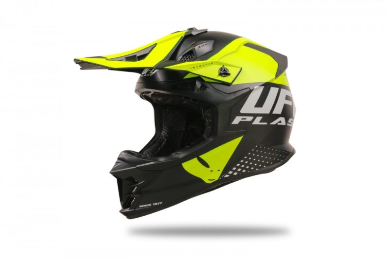 Helmetë Motocross Intrepid e zezë dhe e verdhë neoni
